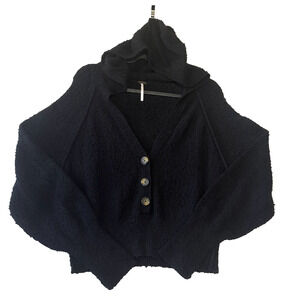 Free People Knit 3 Button Hoodie Pullover Cardigan Sz M Slub Texture Black Crop